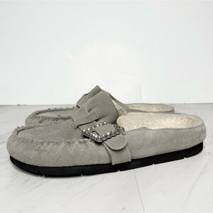 Free People After Riding Shearling Gray Suede Mule 8 1/2